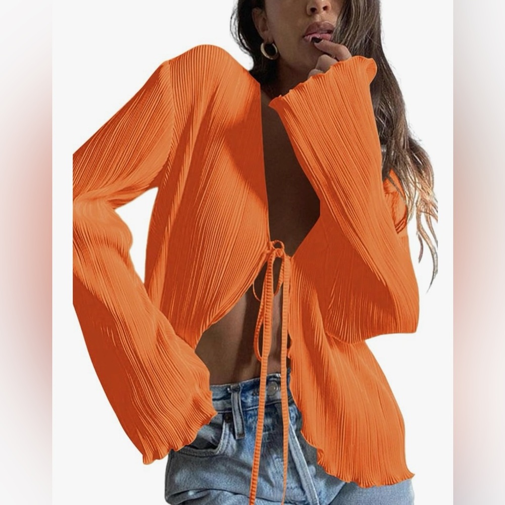 Orange Pleated Shimmer Tie Front Top